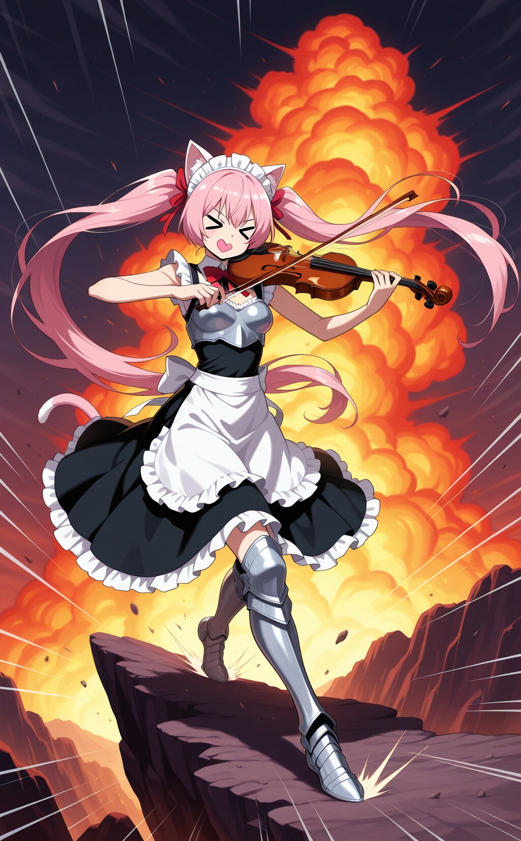 袖なしアーマーメイド服でバイオリンを弾きながら圧倒的な力より逃げる猫耳ハート口のピンクは○○なうちの子