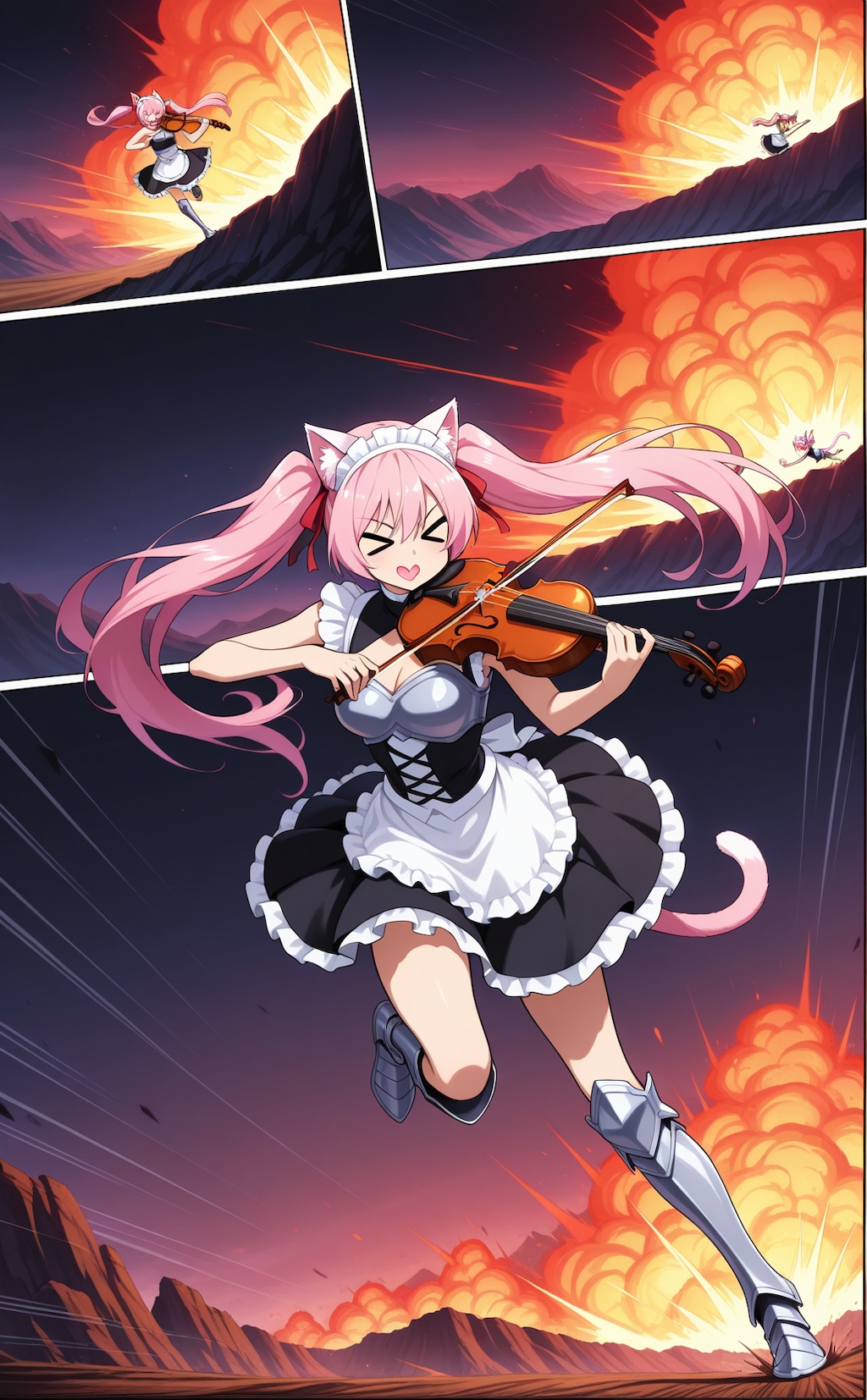袖なしアーマーメイド服でバイオリンを弾きながら圧倒的な力より逃げる猫耳ハート口のピンクは○○なうちの子