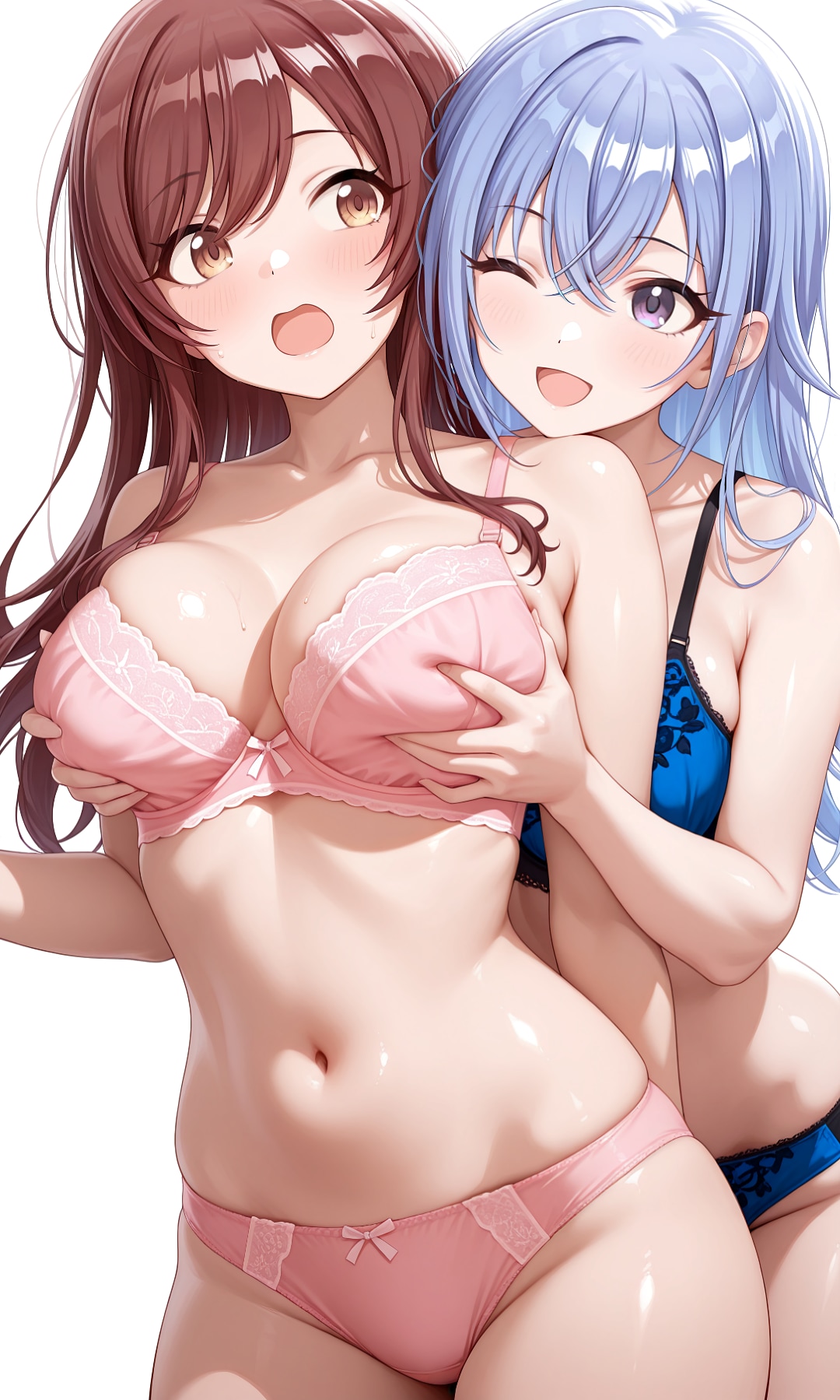 甘奈と羽那が下着姿でおっぱいを揉み合う