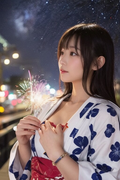 浴衣と花火と夜空と女性と