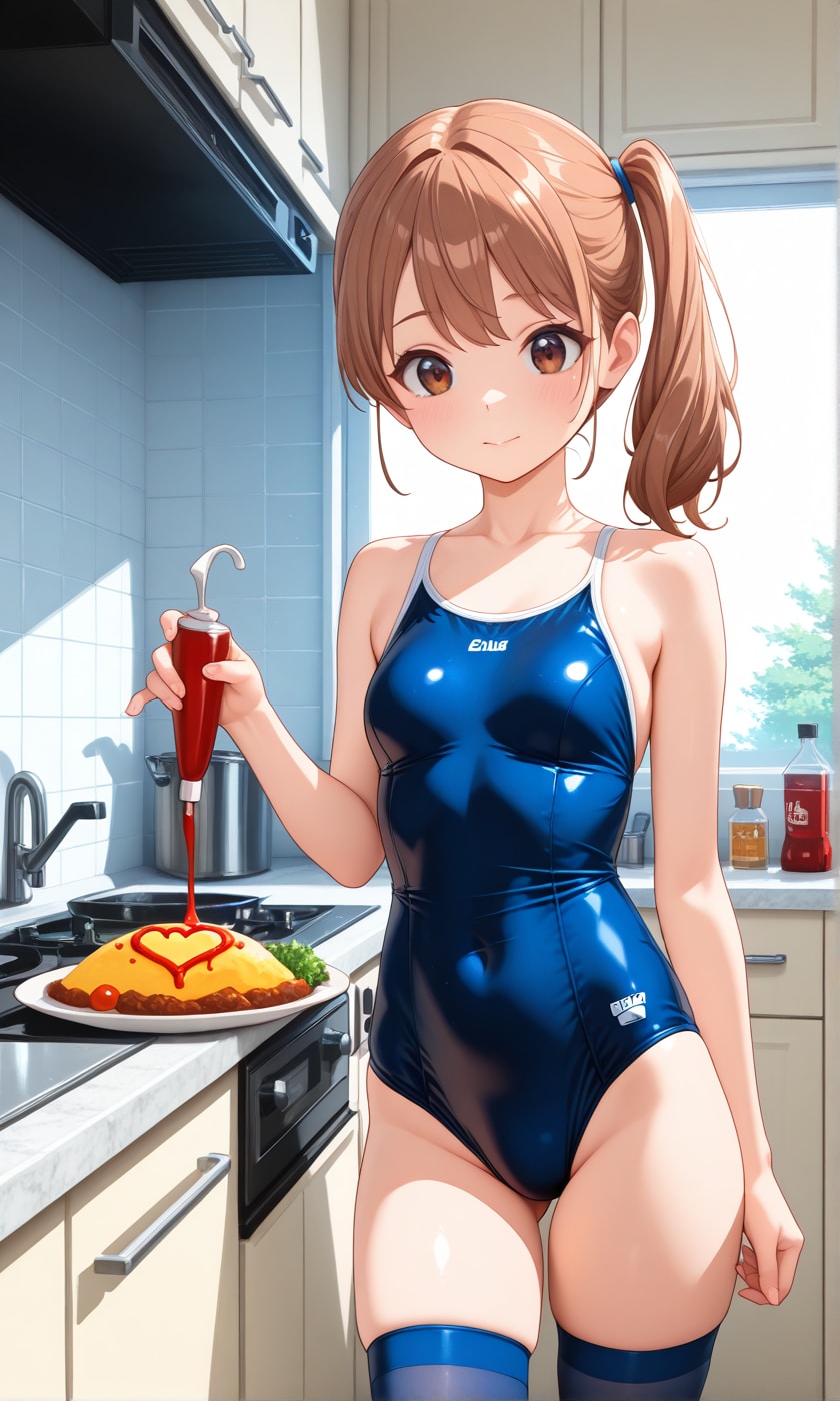 オムライスを作るスク水サイドポニー女子