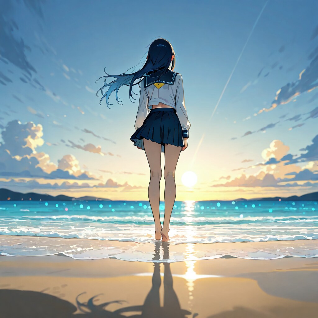 少女と海。