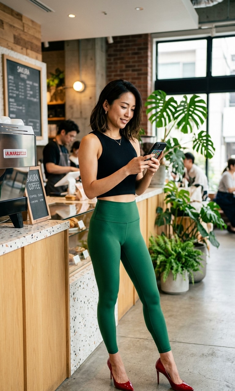 カフェでスマホに夢中の緑レギンス美女