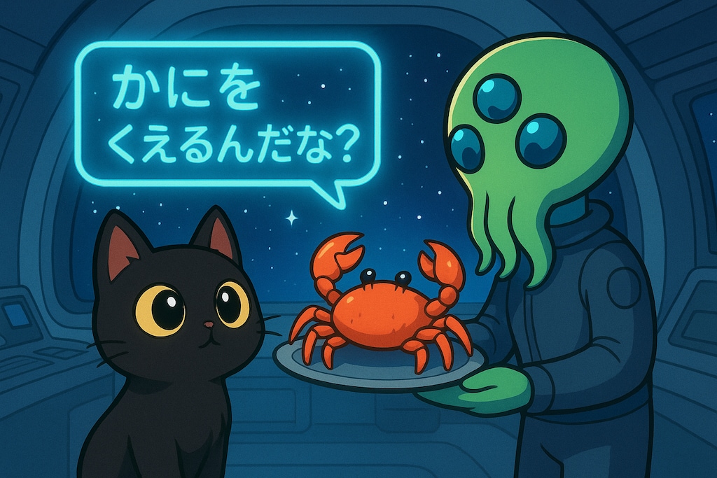 [張り紙見たよ] うちうの かにを くえるんだな