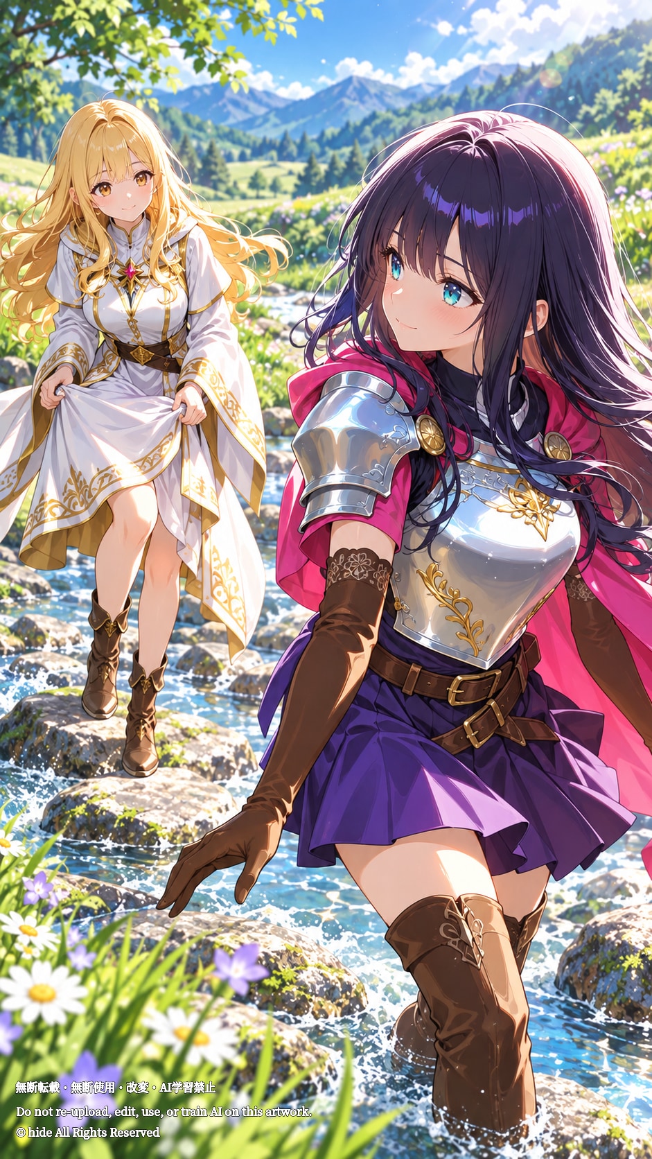 エリシアさんと美月さん、小川を渡る冒険 | の人気AIイラスト・グラビア