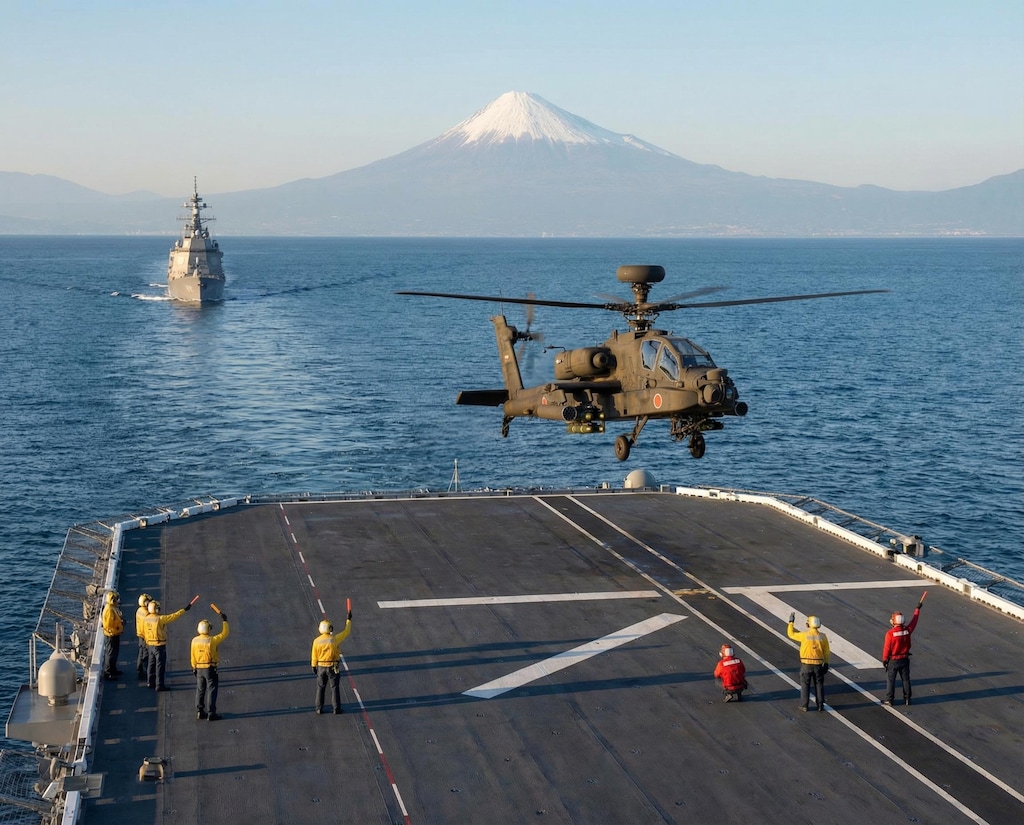 【お試し生成】いせ型DDHに着艦するAH-64Dアパッチ　✙　おまけ