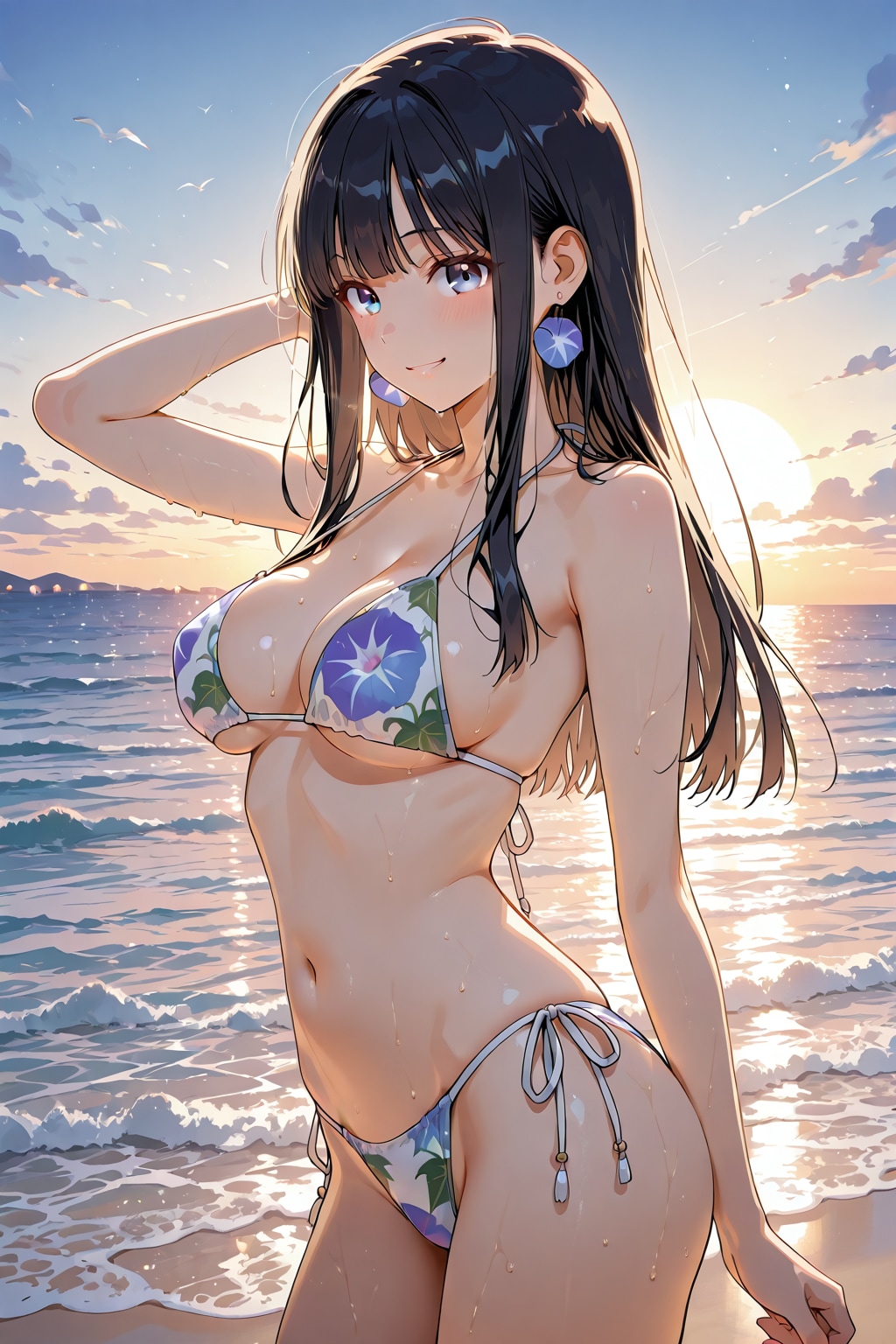 黒髪ロング美少女 ビキニ 夕方の海