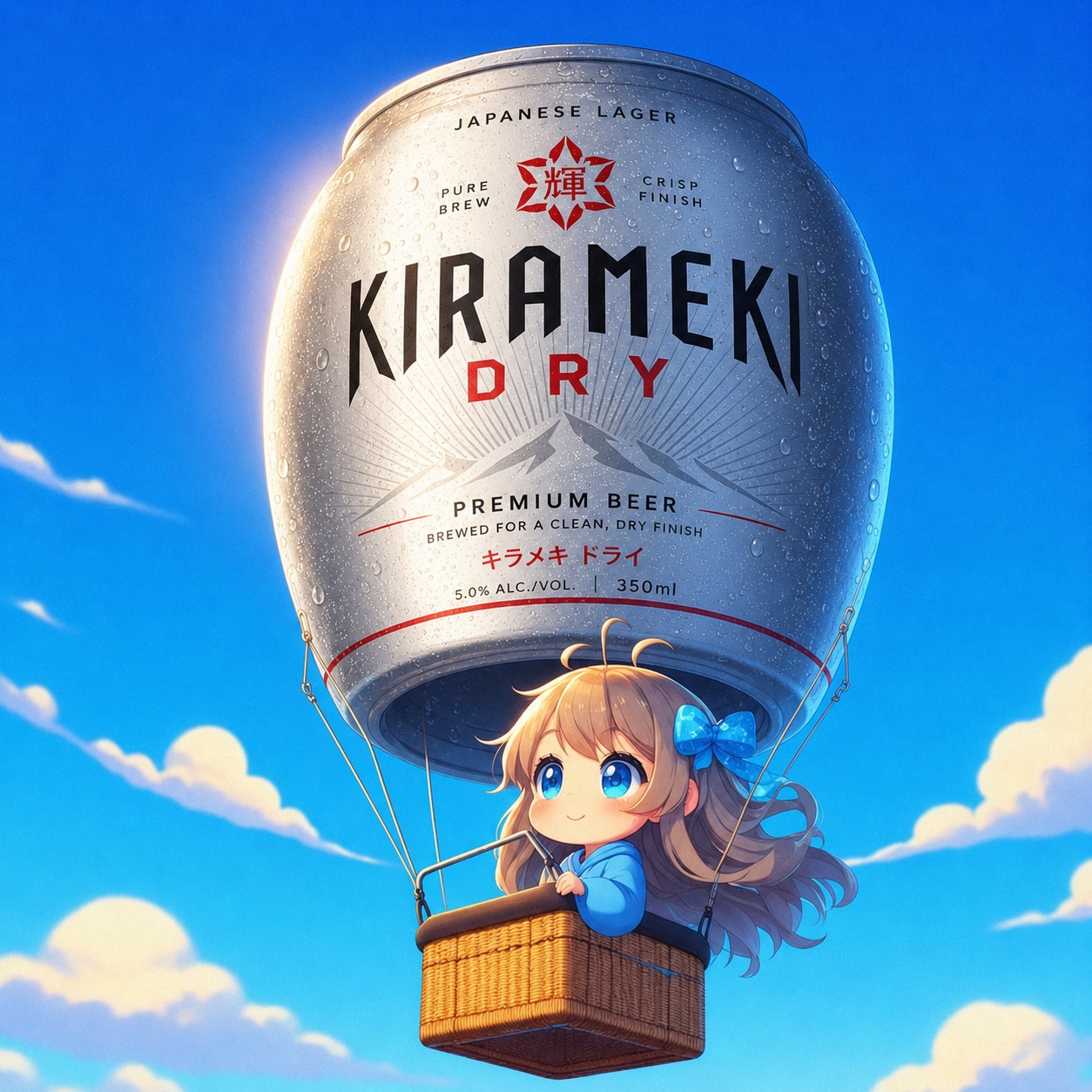 気球に乗って空を飛ぶ小さな女の子