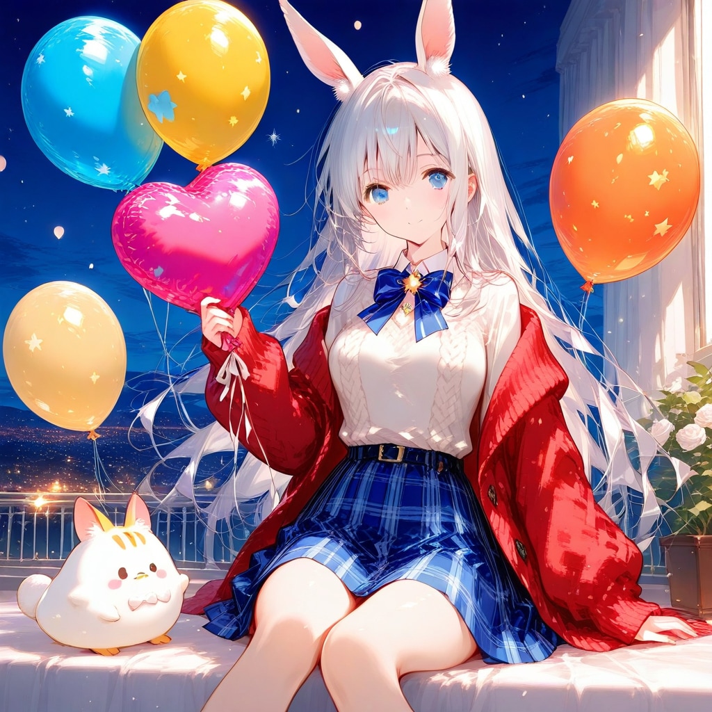 いっぱい風船を持つ白い髪ロングのニット服の美女。