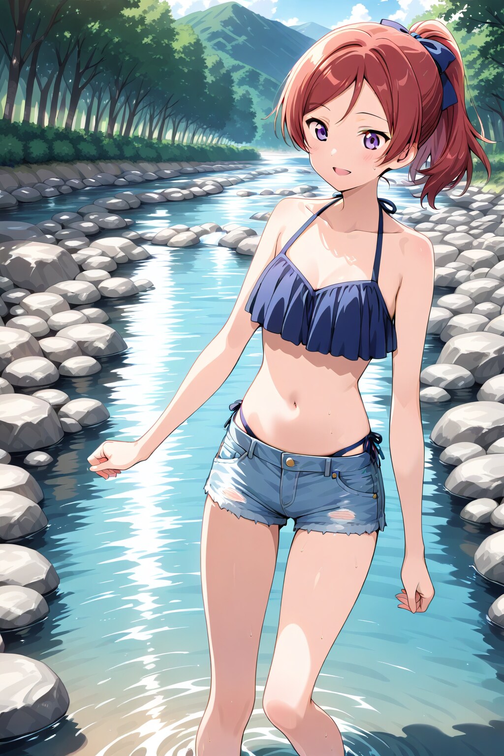 静かな秘境で楽しそうに川遊びをしている真姫ちゃん