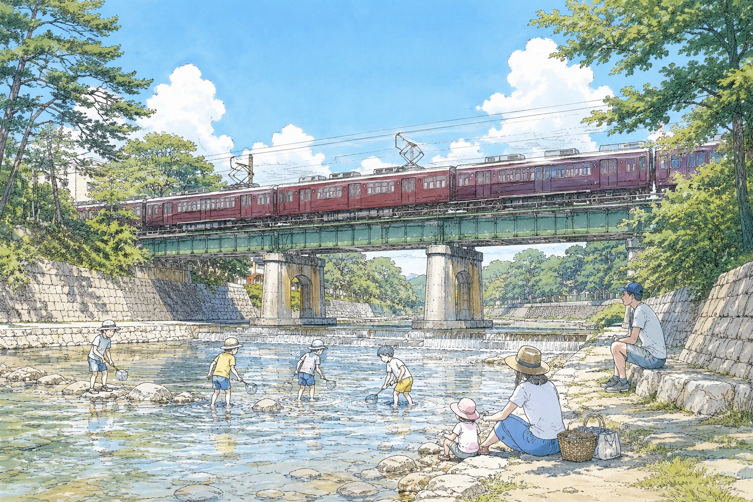 川遊びの子と阪急電車