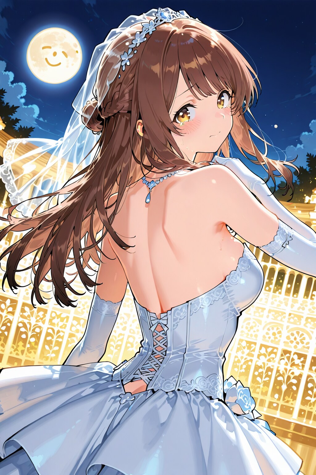 ウェディングドレスの心実を後ろから