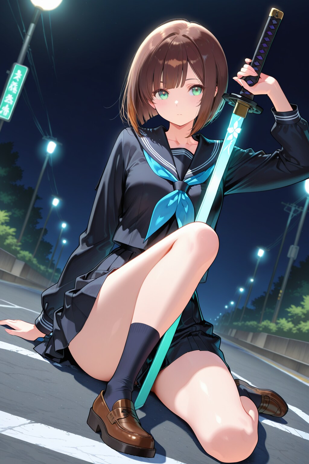 少女、夜道。刀を手にして。