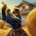 油絵時代劇風、日本刀で巻き藁を斬るサムライ剣術師範猫 3枚目