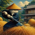 油絵時代劇風、日本刀で巻き藁を斬るサムライ剣術師範猫 4枚目