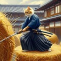 油絵時代劇風、日本刀で巻き藁を斬るサムライ剣術師範猫 2枚目