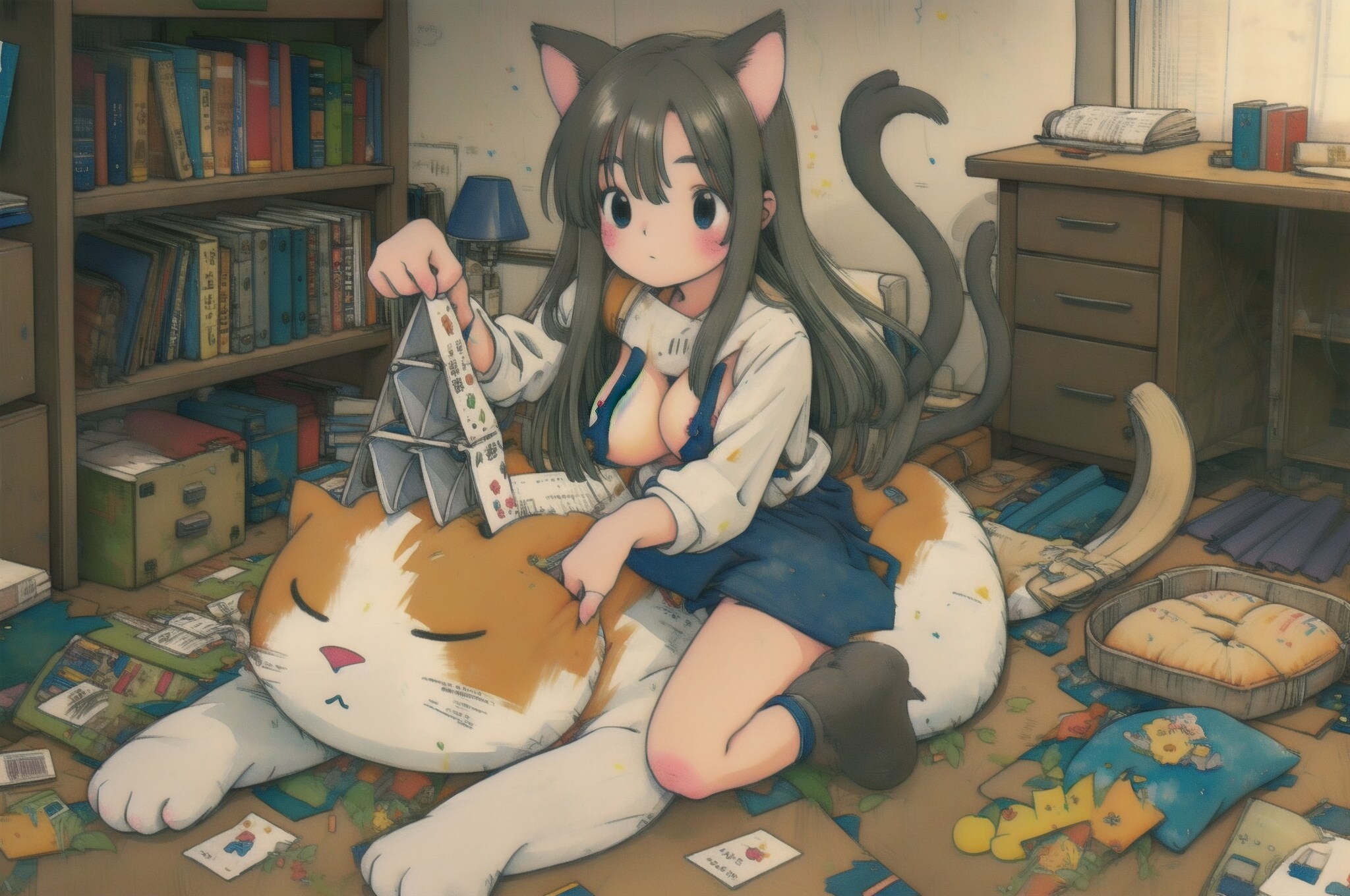 猫の頭にトランプピラミッド
