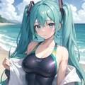 海で競泳水着のミク💙 2枚目