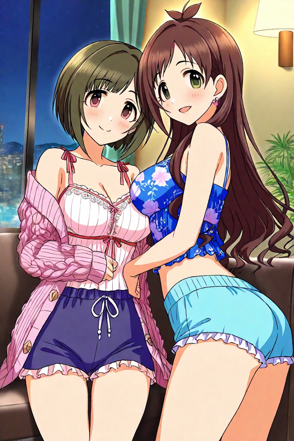 夜のリビングルームでコットンニットを羽織ったキャミソールみくにゃんご (PRISM)