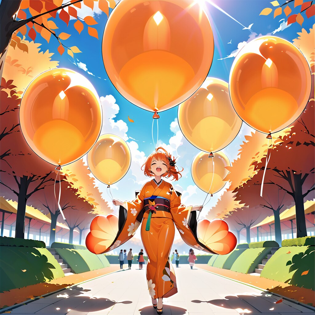 紅葉が綺麗な公園でオレンジ色の巨大風船を膨らませる着物の女の子 | の人気AIイラスト・グラビア