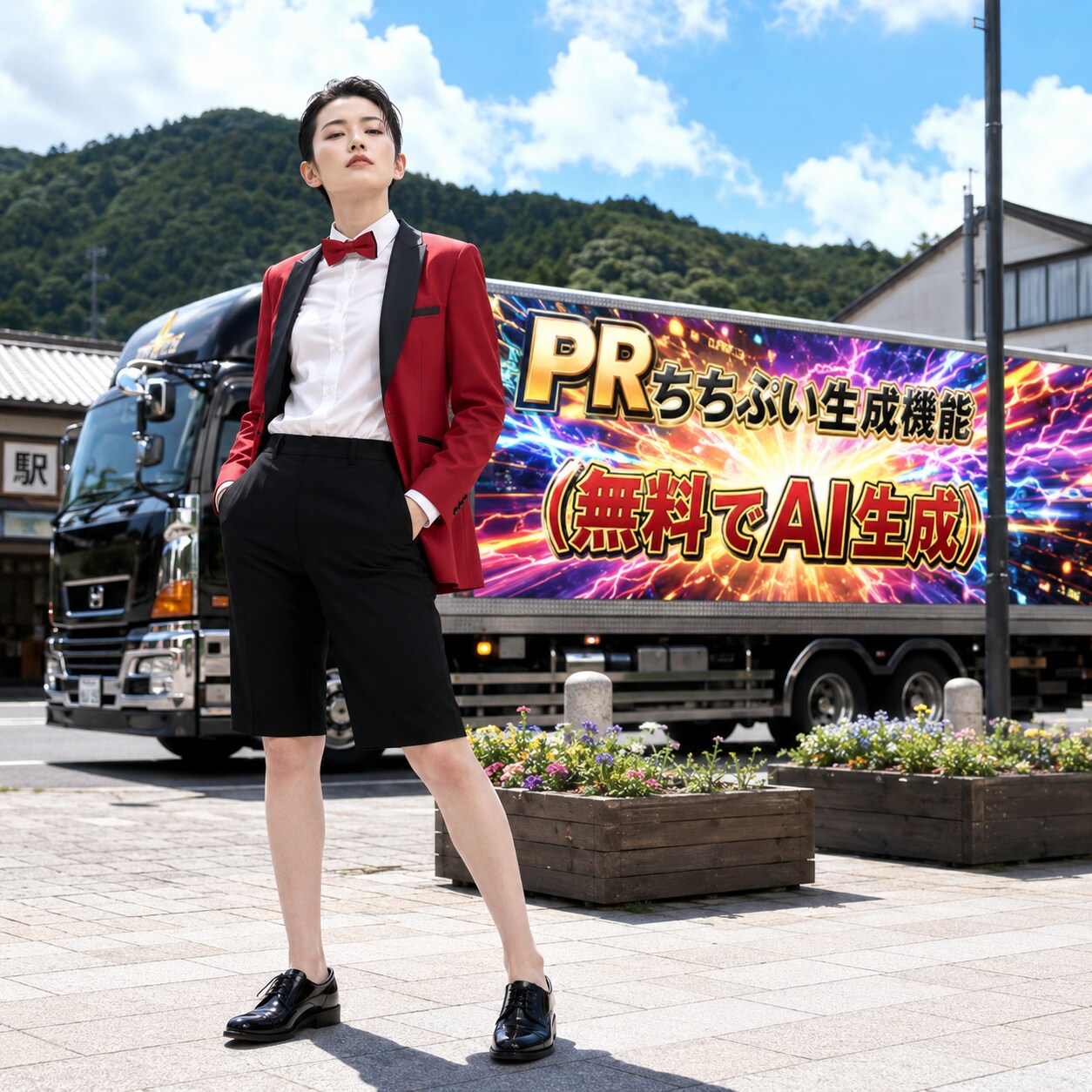 カッコいい女性とアドトラック