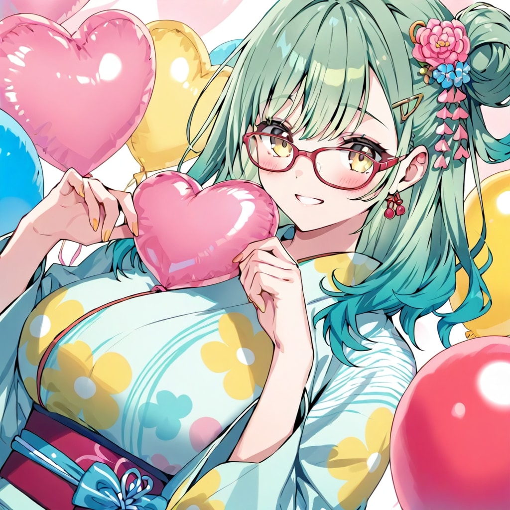 いっぱい色とりどりの風船を持つ緑髪お団子ヘアの浴衣着た美女