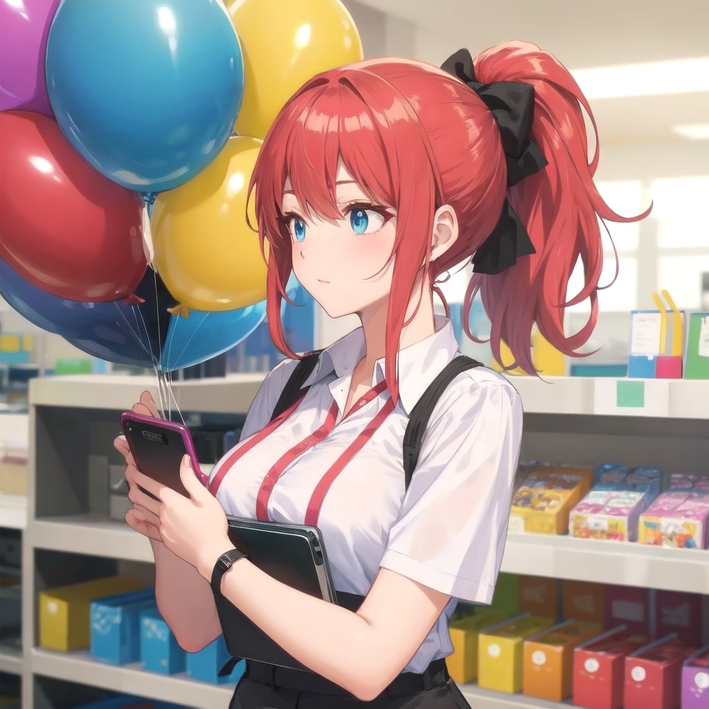 いっぱい風船を持つ赤い髪ポニーテールの携帯ショップの美女店員さん