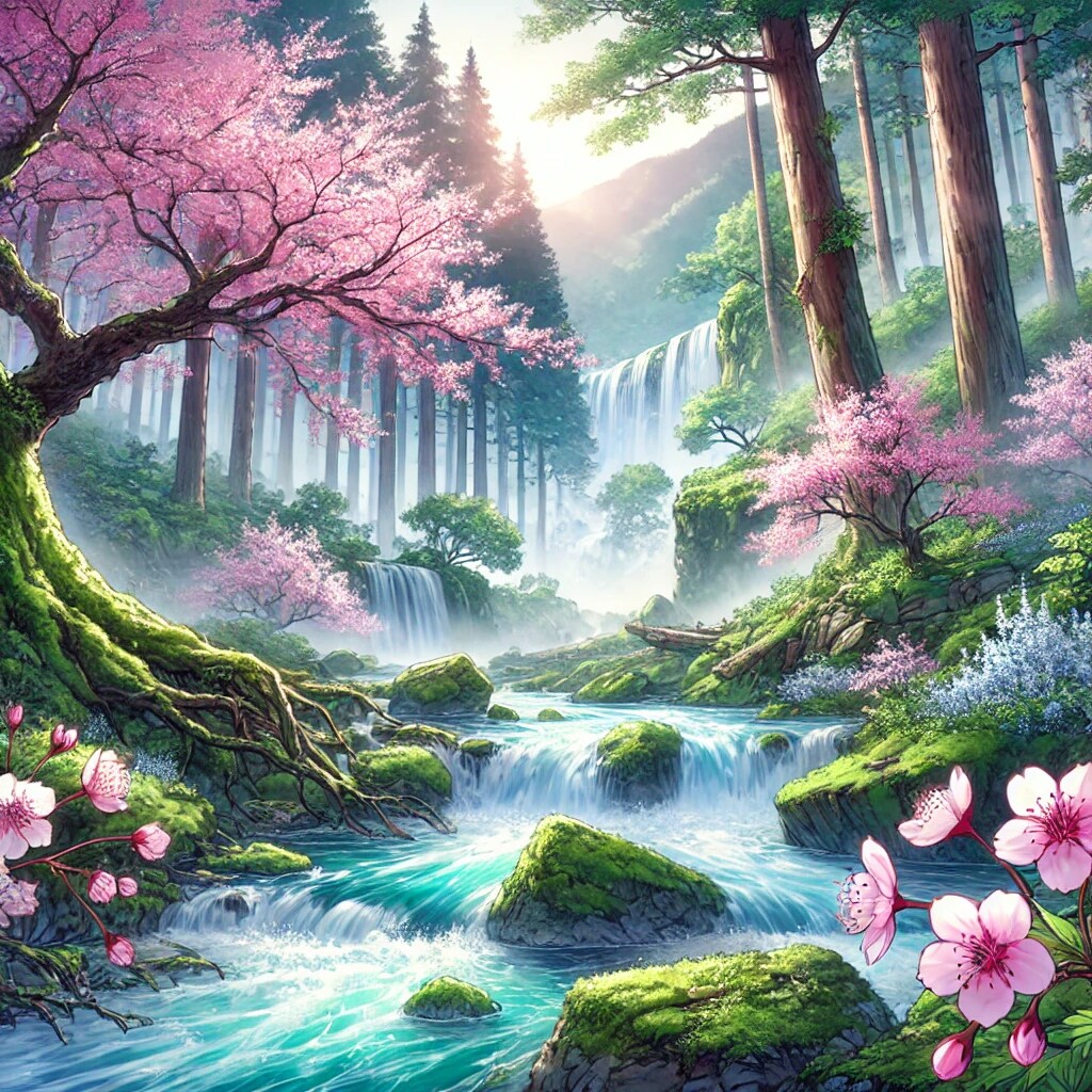 山の中の桜と滝