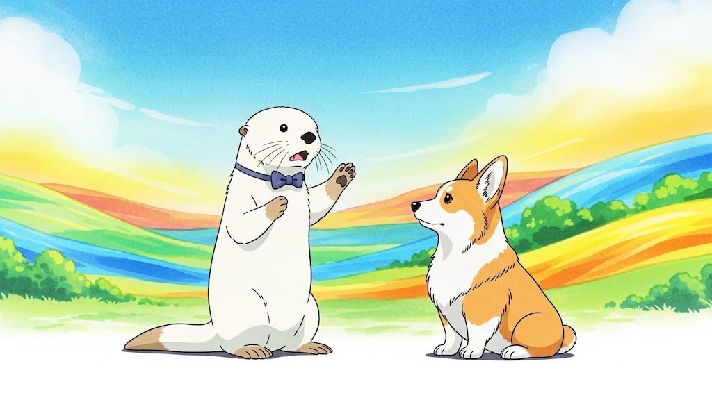 コーギーに講義する白いラッコ