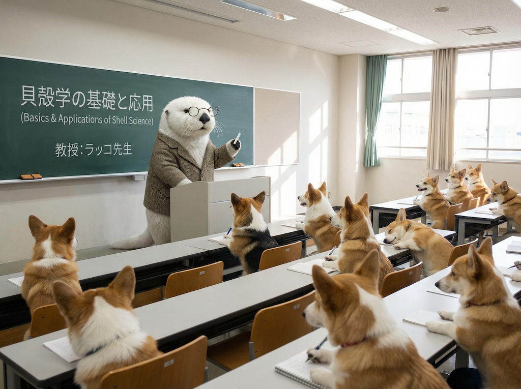 コーギーに講義する白いラッコ