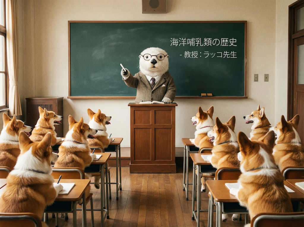 コーギーに講義する白いラッコ