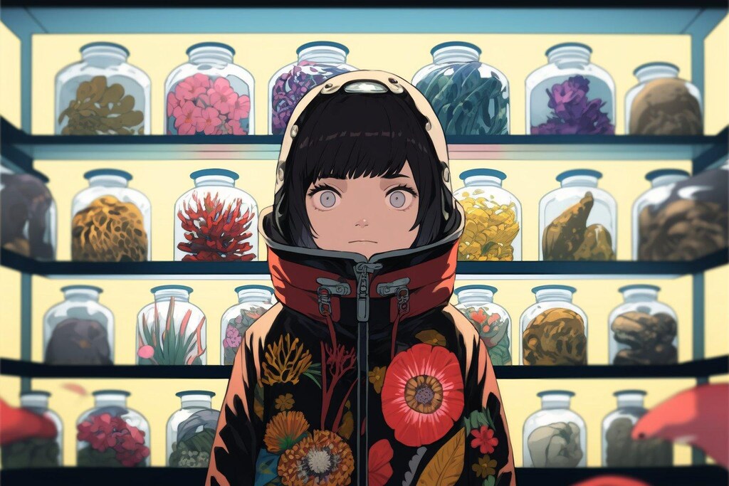 女の子と瓶詰め展示