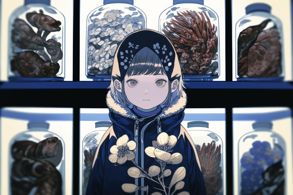 女の子と瓶詰め展示