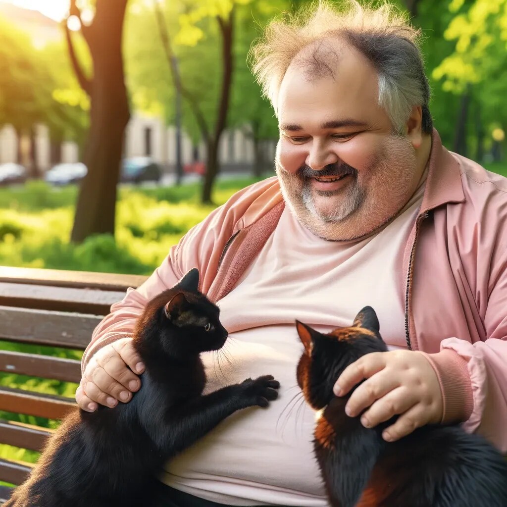 太った男性と黒ねこたち