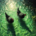 Black hens in green water 3枚目