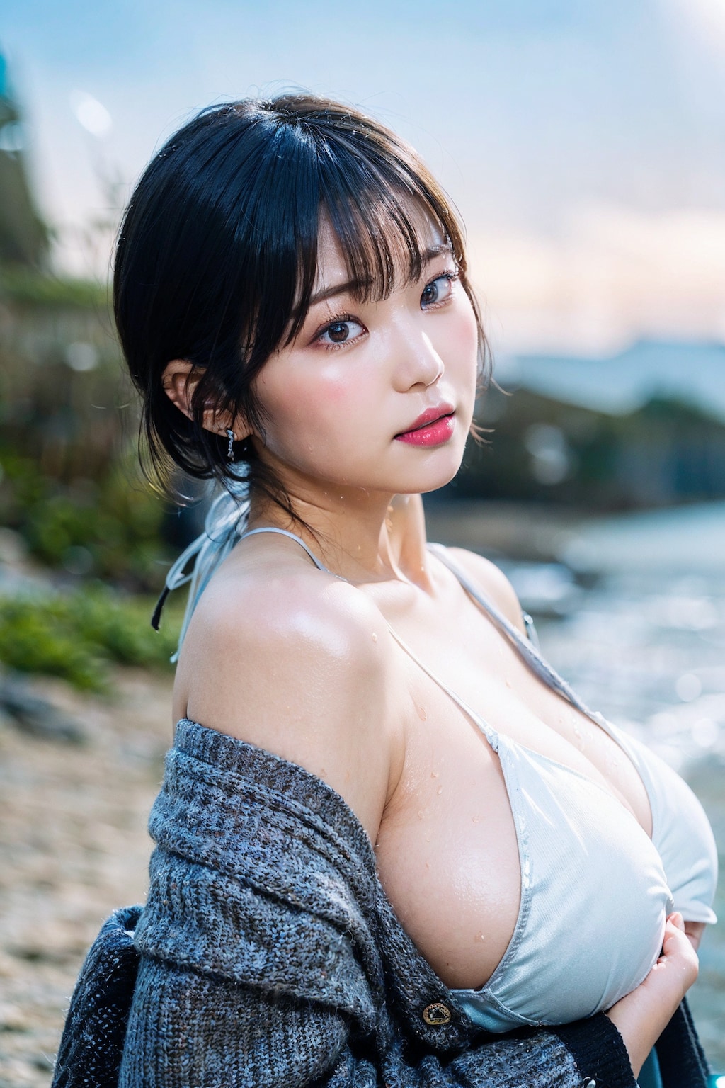 ちっちゃいビキニの上からカーディガン(のつもり)