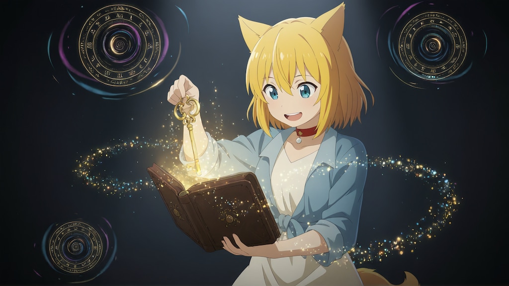 古びた倉庫の中から書物の形をしたキーケースを見つけてそっと開いたらふわりと金色の風が内側からこぼれ落ちてきてその光に誘われるように同じ色をまとった一本の鍵が…