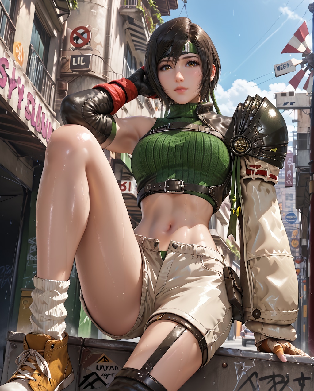 55. Date with Yuffie Kisaragi, Green top and beige shorts