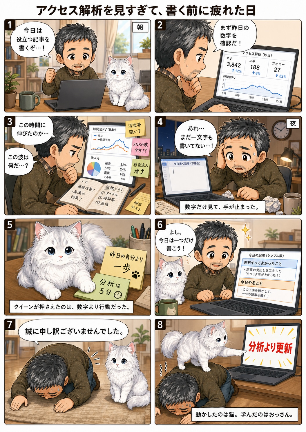 猫漫画コンテンツ6シリーズ  サイベリアンのクィーン お気に入りを、わけてあげる  ちびキャラ ベビークイーン 充電ケーブルは、猫のおもちゃです  クイーンと無職のおっさん現代版 アクセス解析を見すぎ