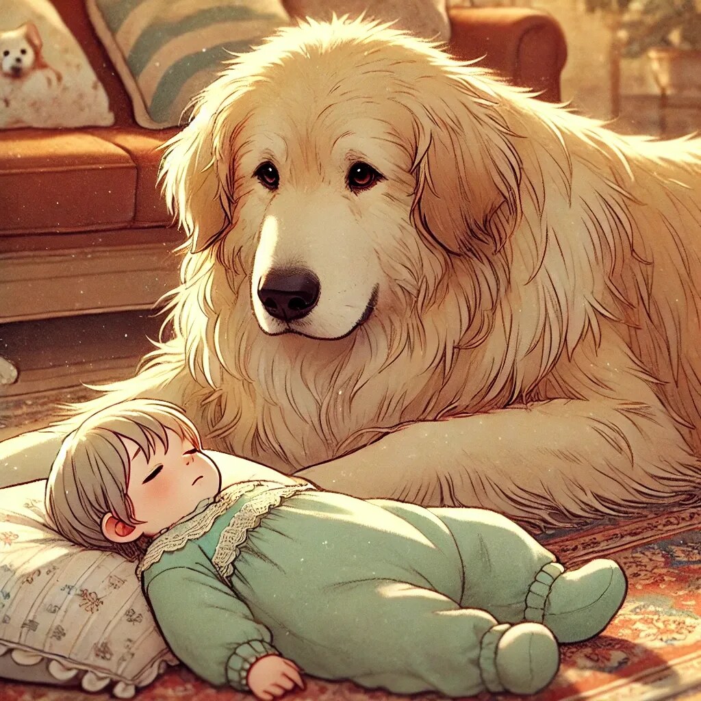 寝てる赤ちゃんに寄り添う犬 | の人気AIイラスト・グラビア