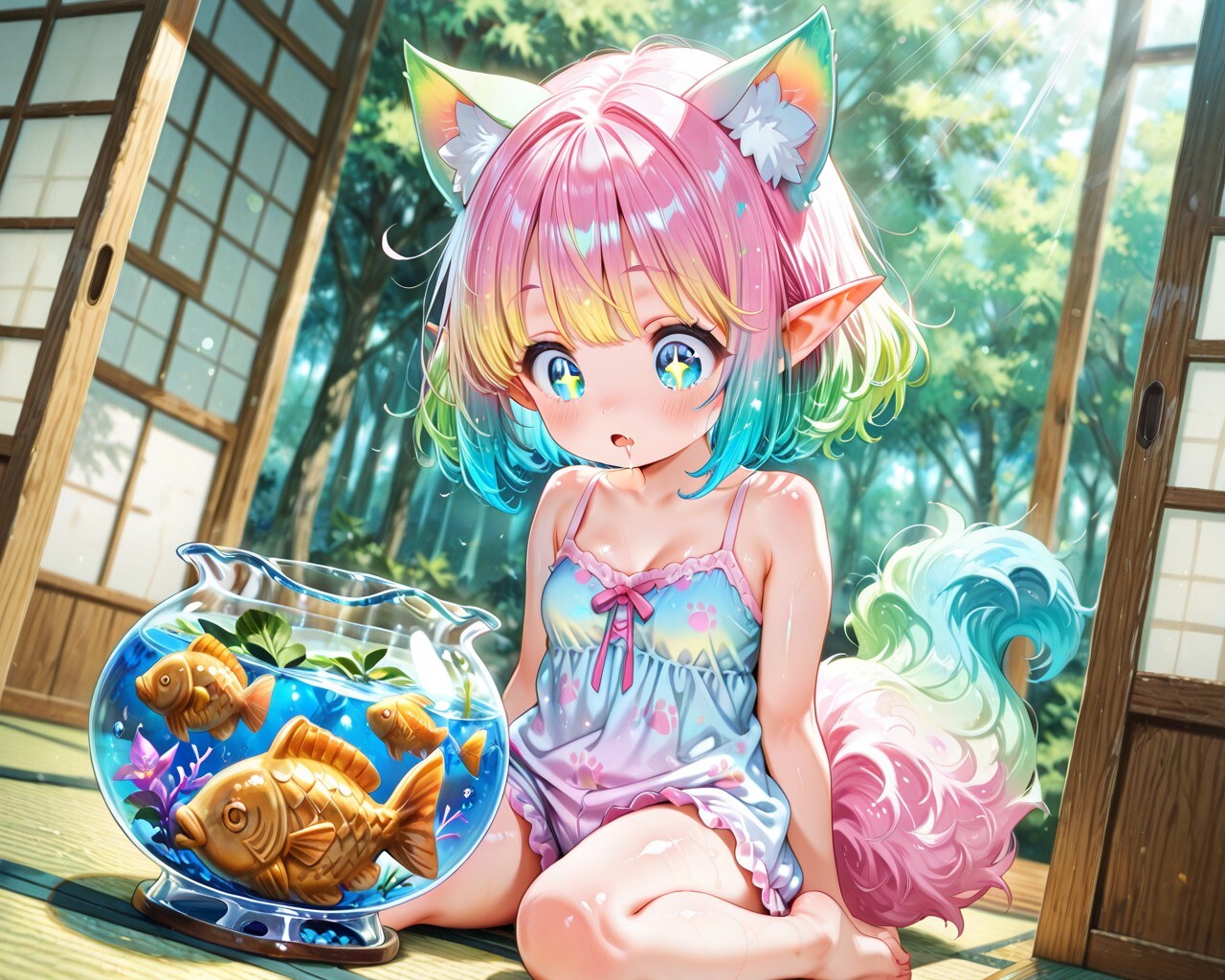2枚）たい焼きを凝視するケモ耳エルフちゃん