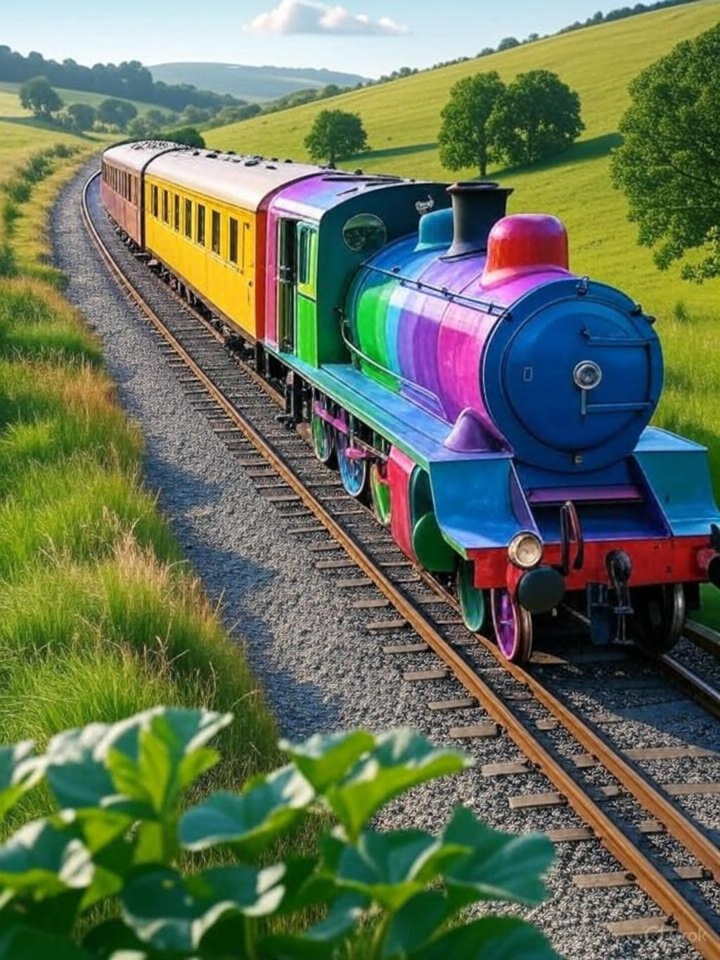 【乗り物】金色の電車と虹色の機関車