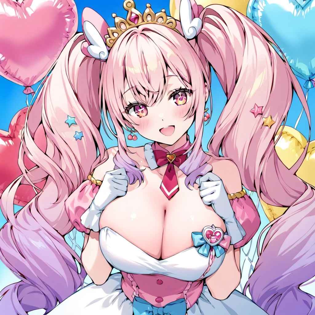 いっぱい色とりどりの風船を持つピンク髪のお姫様