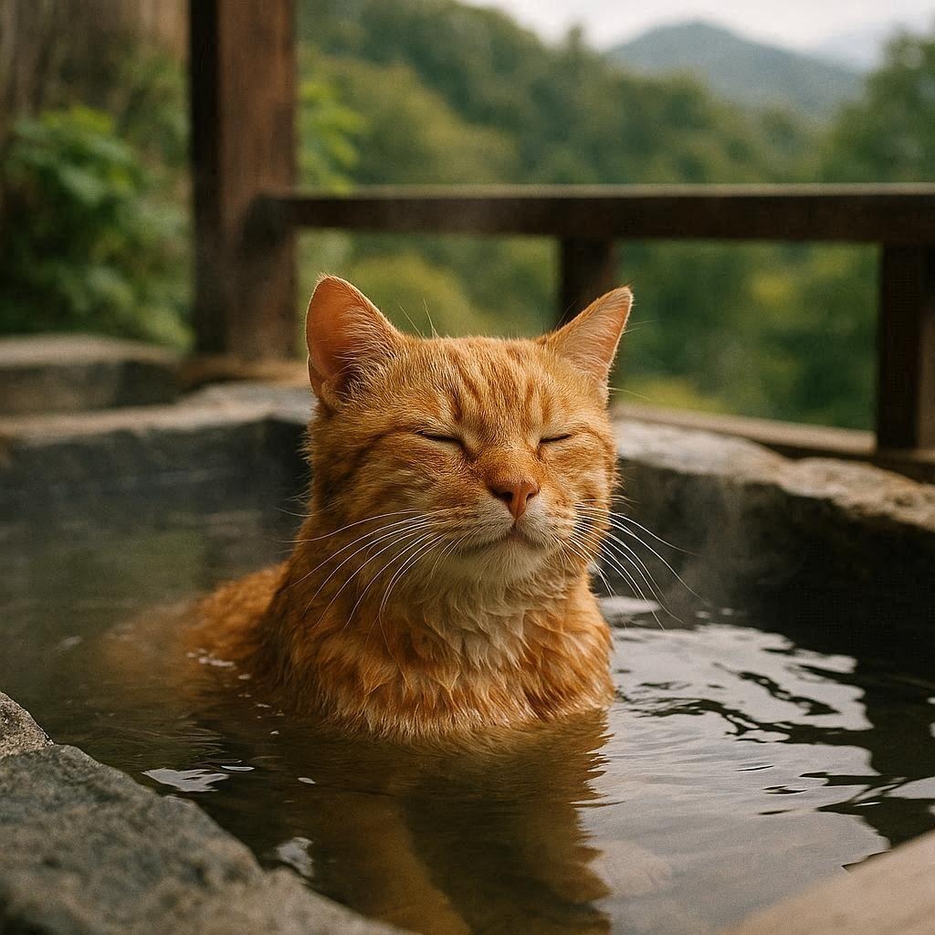露天風呂に入る猫