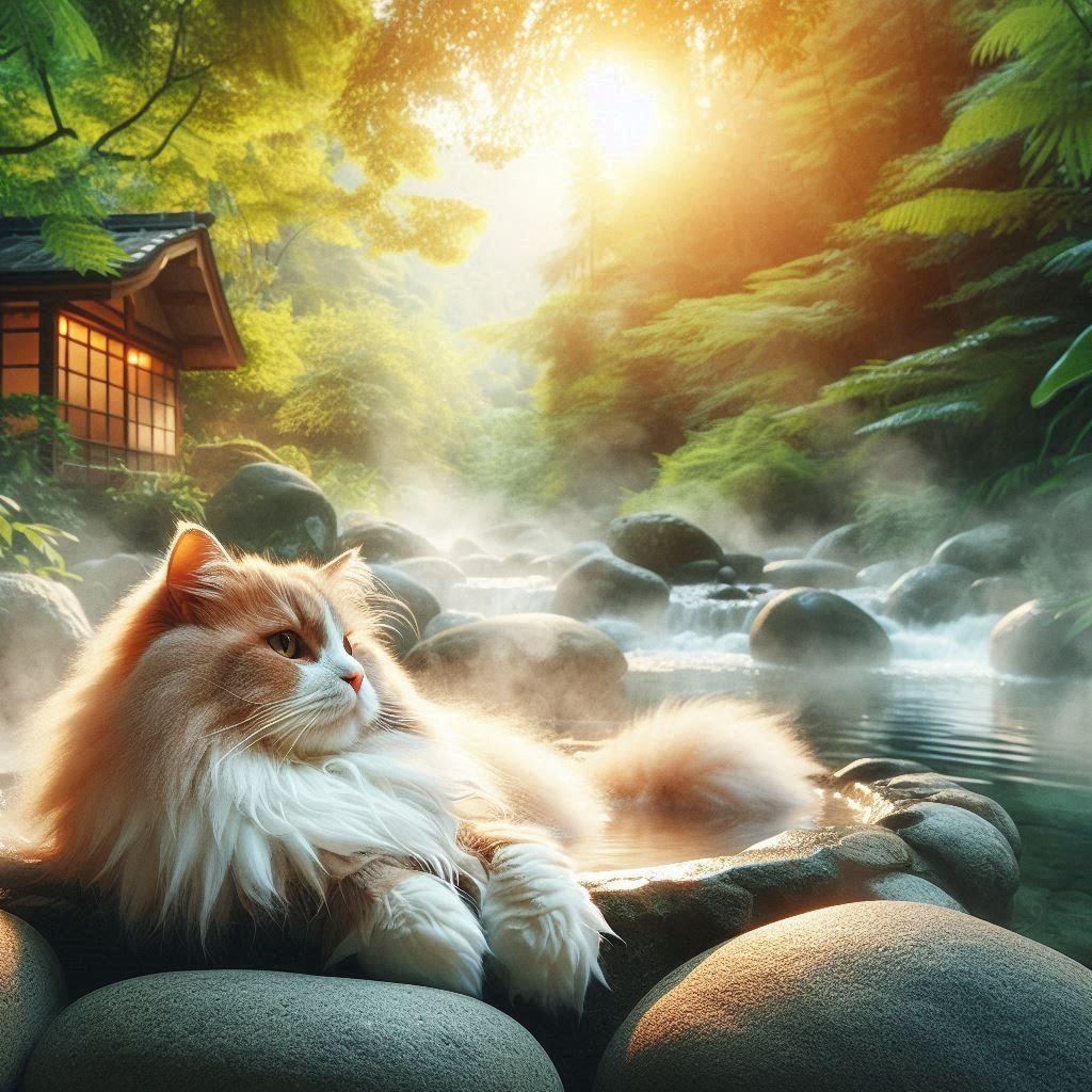 露天風呂に入る猫