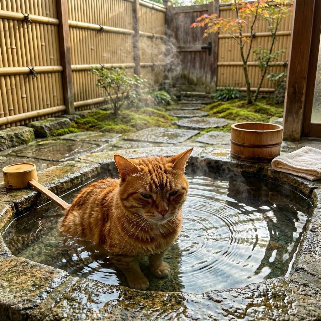 露天風呂に入る猫