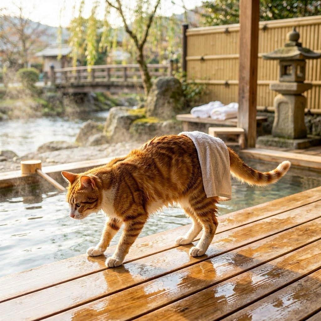 露天風呂に入る猫