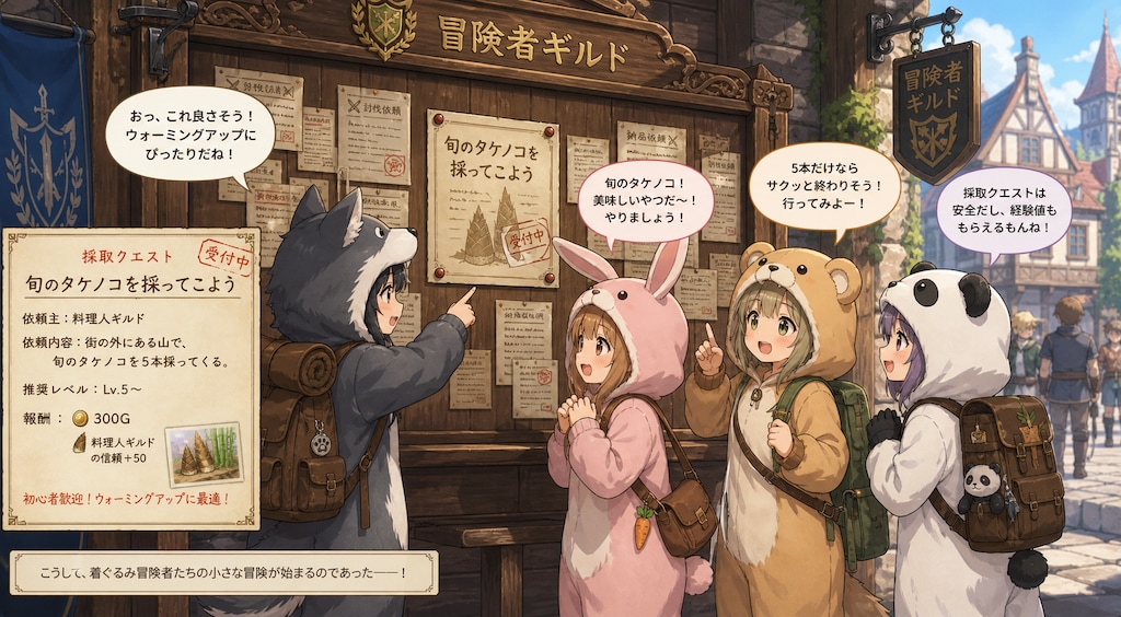 【All0509c】冒険者ギルドのクエスト掲示板で、旬の竹の子を採取するクエストを受けることにした。（ChatGPT）