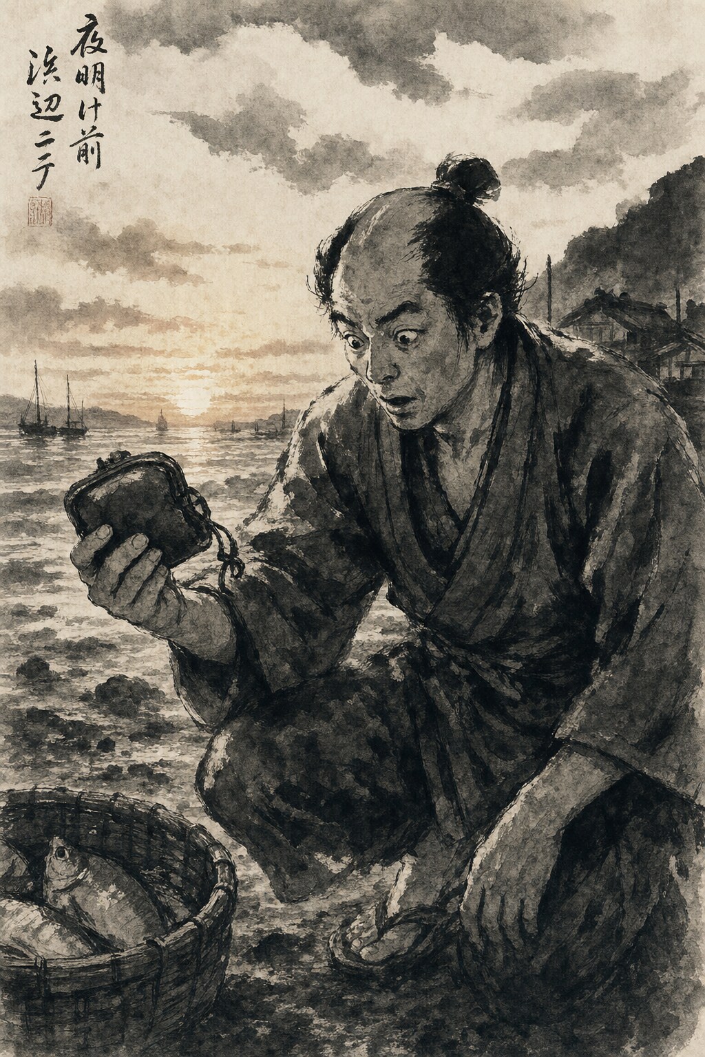 落語“芝浜“浜辺にて財布を拾う男 | の人気AIイラスト・グラビア