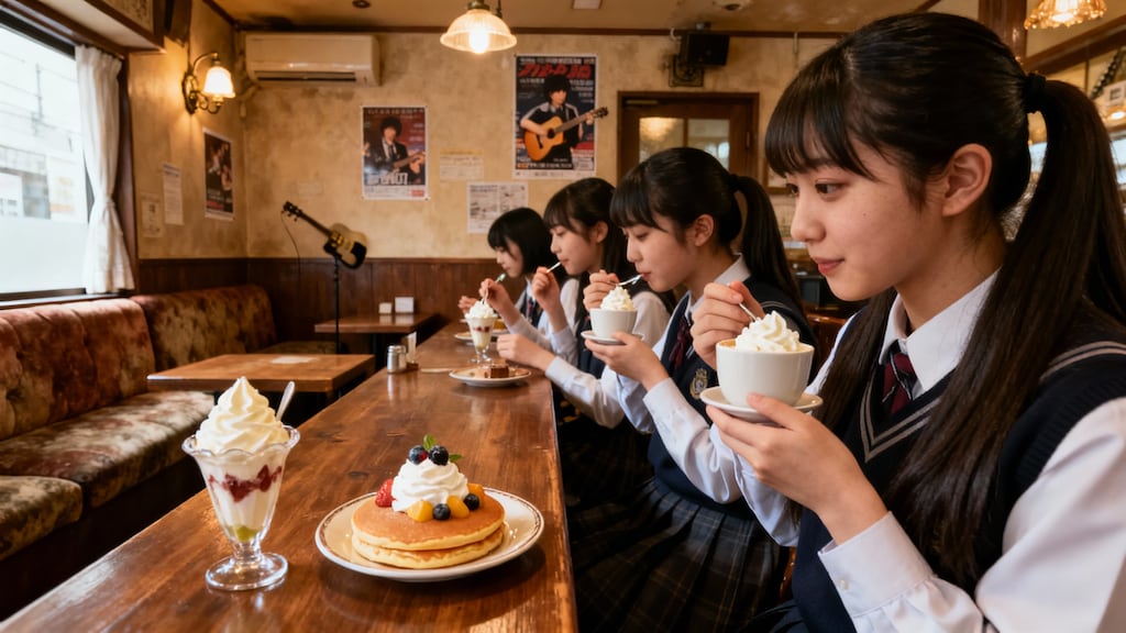 レトロな喫茶店でクリームパフェをおいしそうに食べる女子高生達